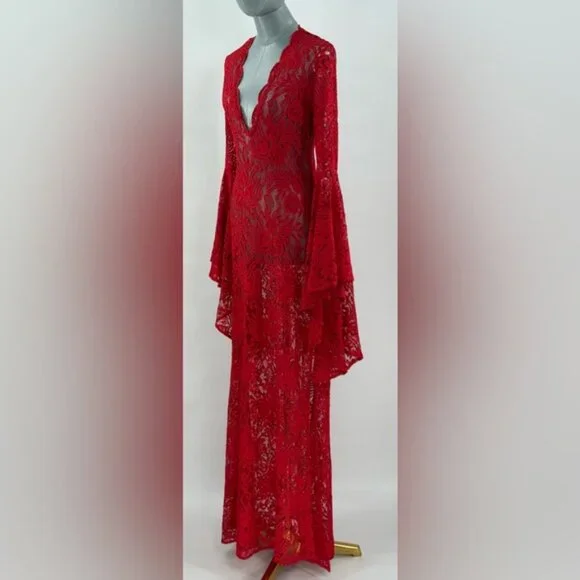 🆕 ALEXANDRA MIRO 🧿 NWOT Kara Long Boylen Sleeve Kaftan, Red Lace - Sz XS - Picture 10 of 14